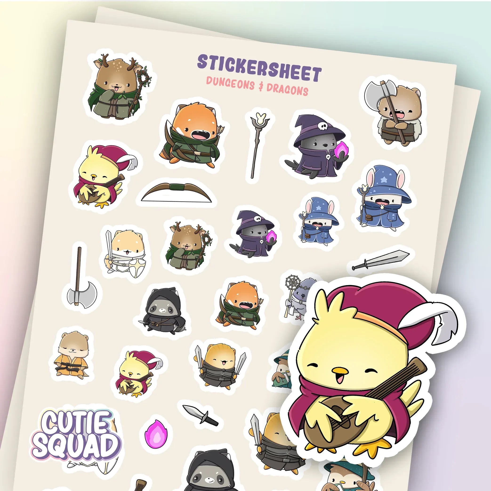 CutieSquad DnD Classes matte vinyl sticker sheet featuring RPG class icons and symbols