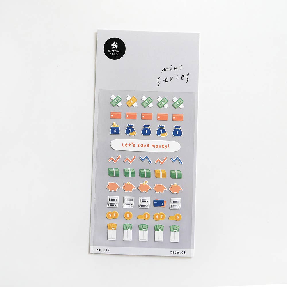Suatelier Deco.08 savings and money mini sticker sheet with rows of piggy banks, wallets, cash bills, coins, stock charts, and Let's Save Money banner, made in South Korea