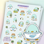 CutieSquad Penguins and Whales matte vinyl sticker sheet featuring small penguins and whales in ocean scenes