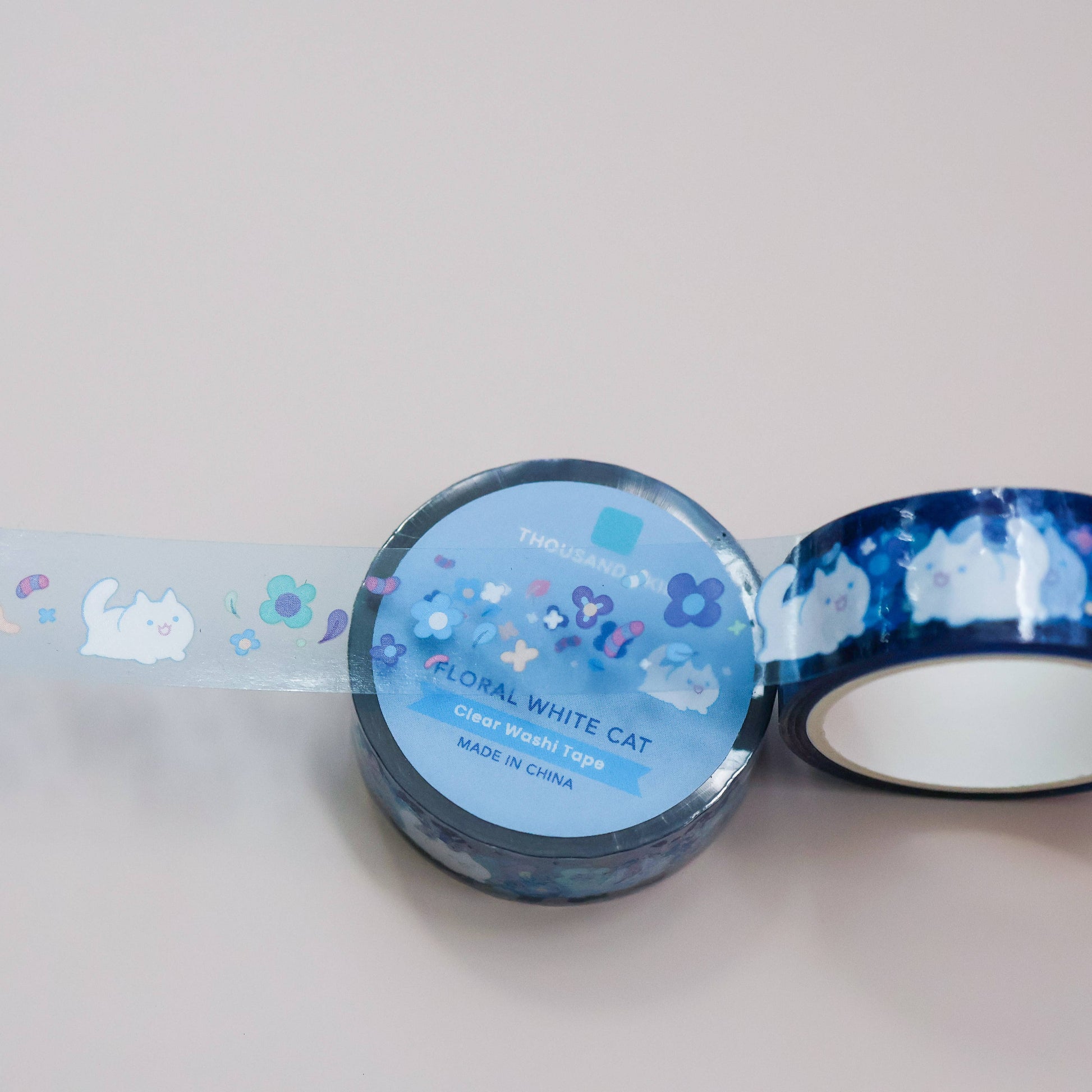 Floral White Cat Clear PET Tape by Thousand Skies | Papertail Fox