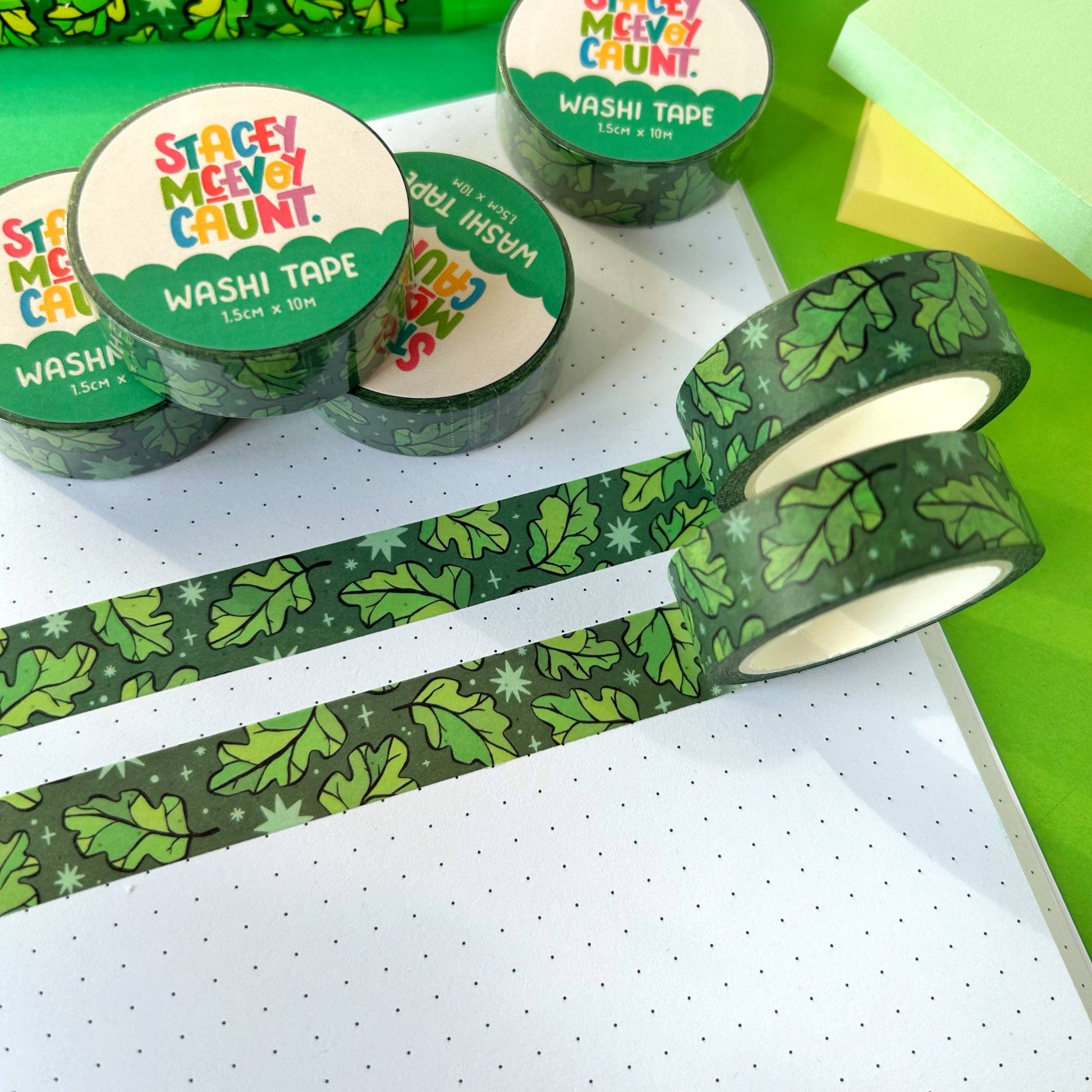 Oak Leaves washi tape by Stacey McEvoy Caunt | green oak leaf repeat pattern | Papertail Fox