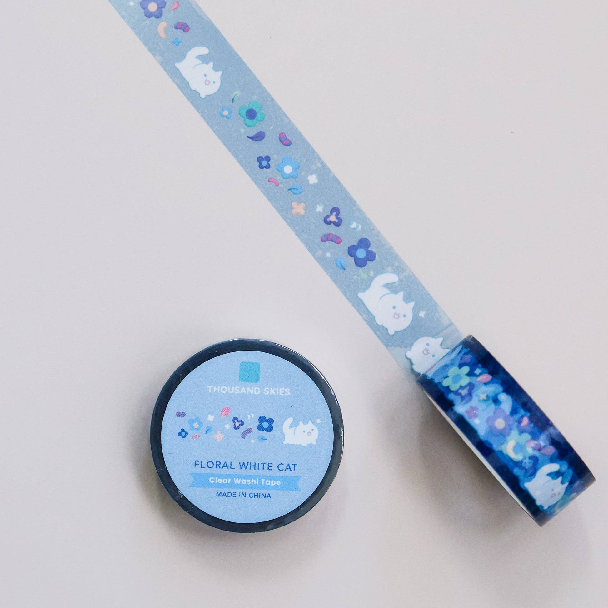Floral White Cat Clear PET Tape by Thousand Skies | Papertail Fox