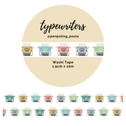 Pastel colored retro typewriter pattern washi tape in mint, pink, and yellow. 1.5cm wide vintage writing themed masking tape by @penpaling_paula