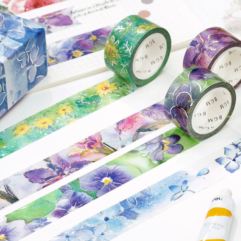 Violet Watercolor Flowers Foil Washi Tape by BGM | Papertail Fox