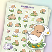 CutieSquad Capy and Friends matte vinyl sticker sheet featuring capybaras alongside small animal companions