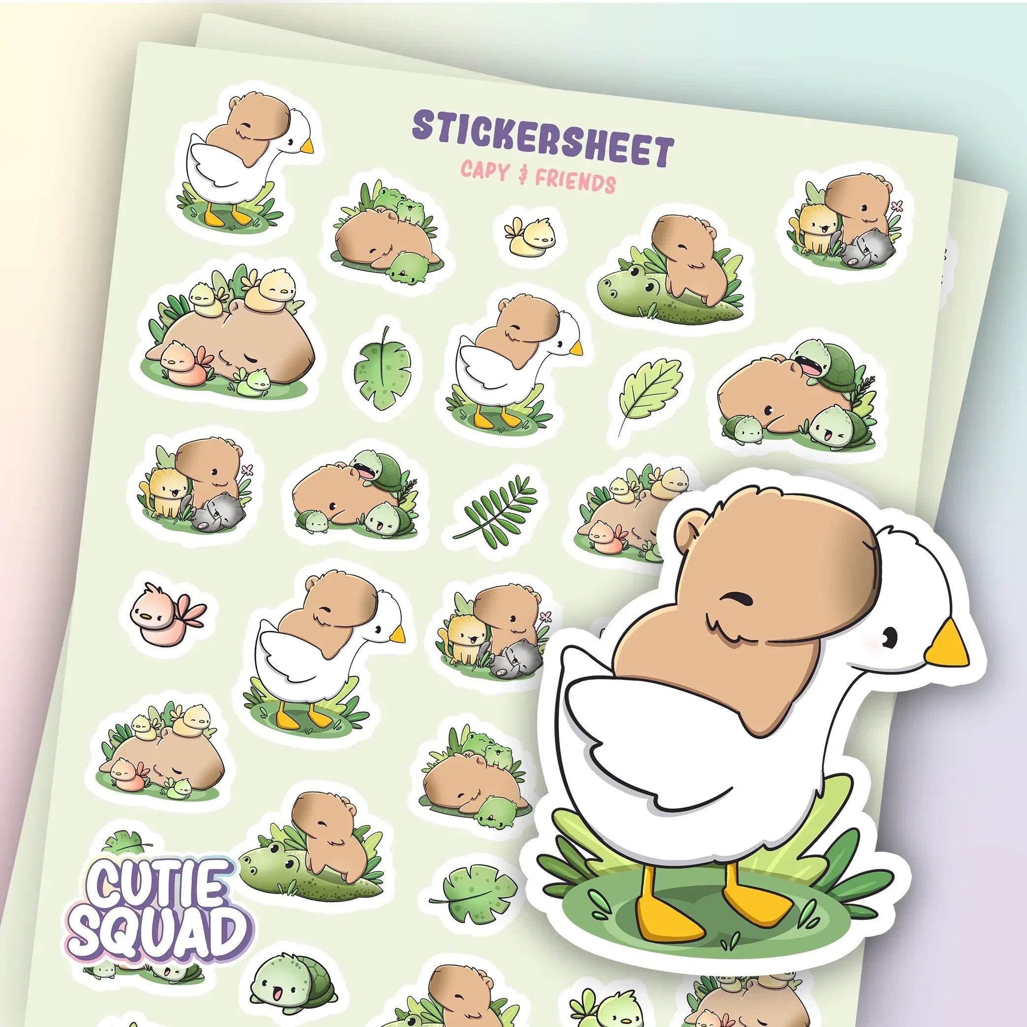 CutieSquad Capy and Friends matte vinyl sticker sheet featuring capybaras alongside small animal companions