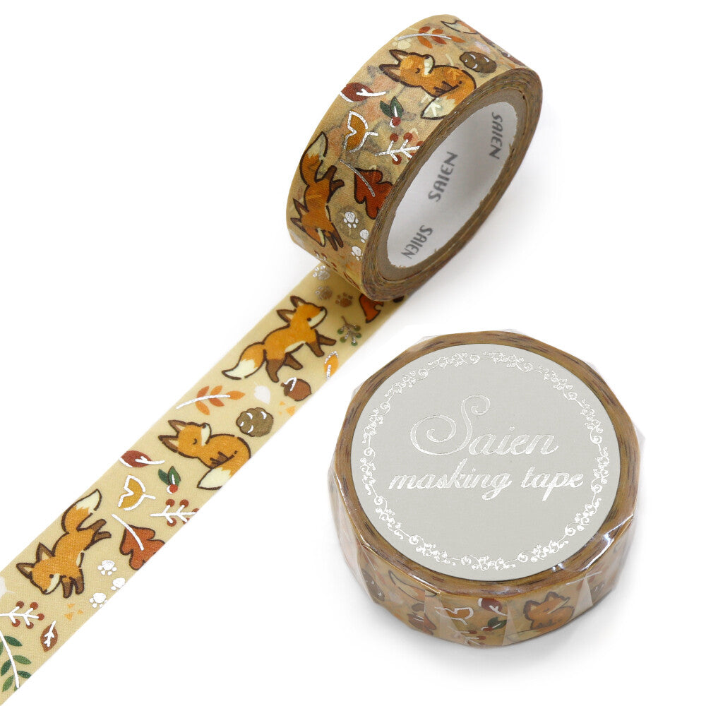 Fox and Fallen Leaves Silver Foil Washi Tape | Kamiiso SAIEN