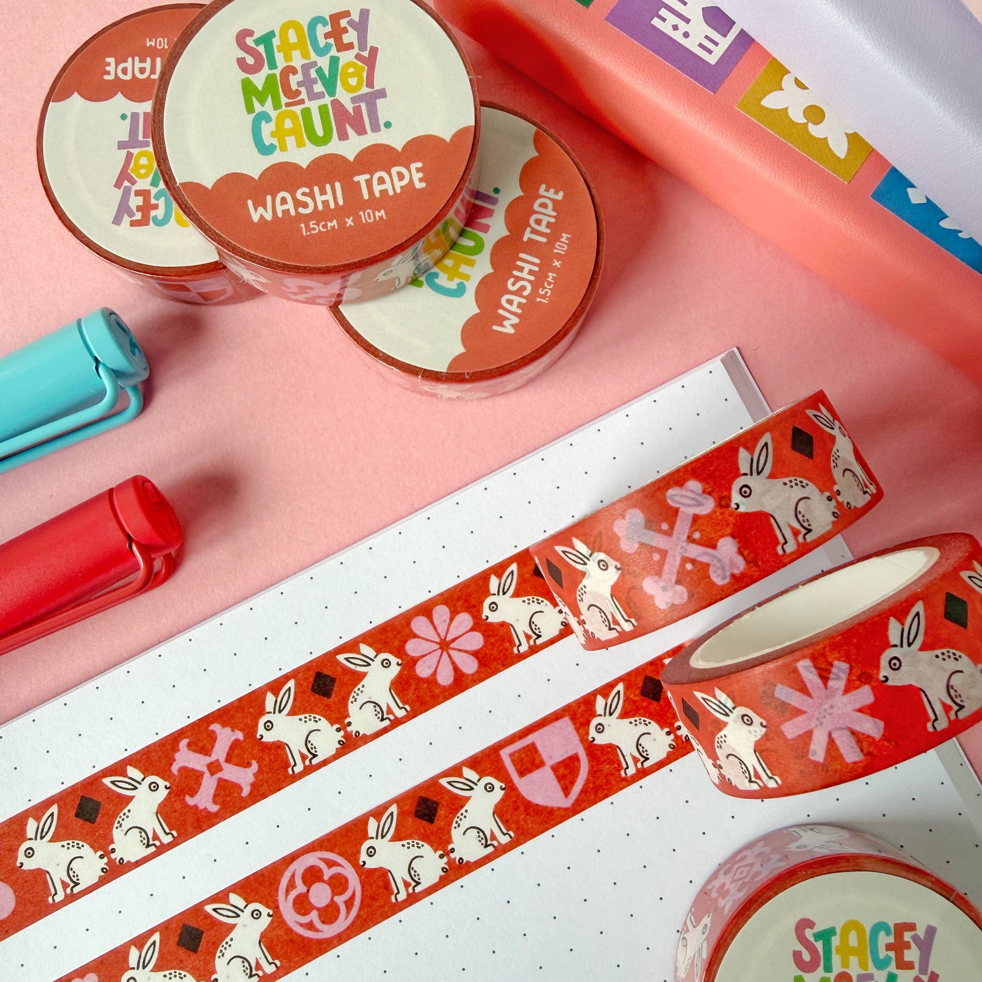 Red Medieval Bunny washi tape by Stacey McEvoy Caunt | red medieval bunny pattern | Papertail Fox