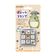Nine mini rubber stamps featuring Totoro sketch designs in a clear storage case.