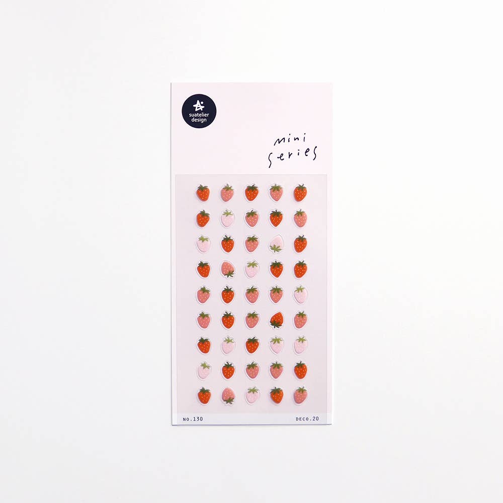 Suatelier Deco.20 strawberry mini sticker sheet with rows of red and pink strawberries in various sizes and styles on soft pink background, made in South Korea