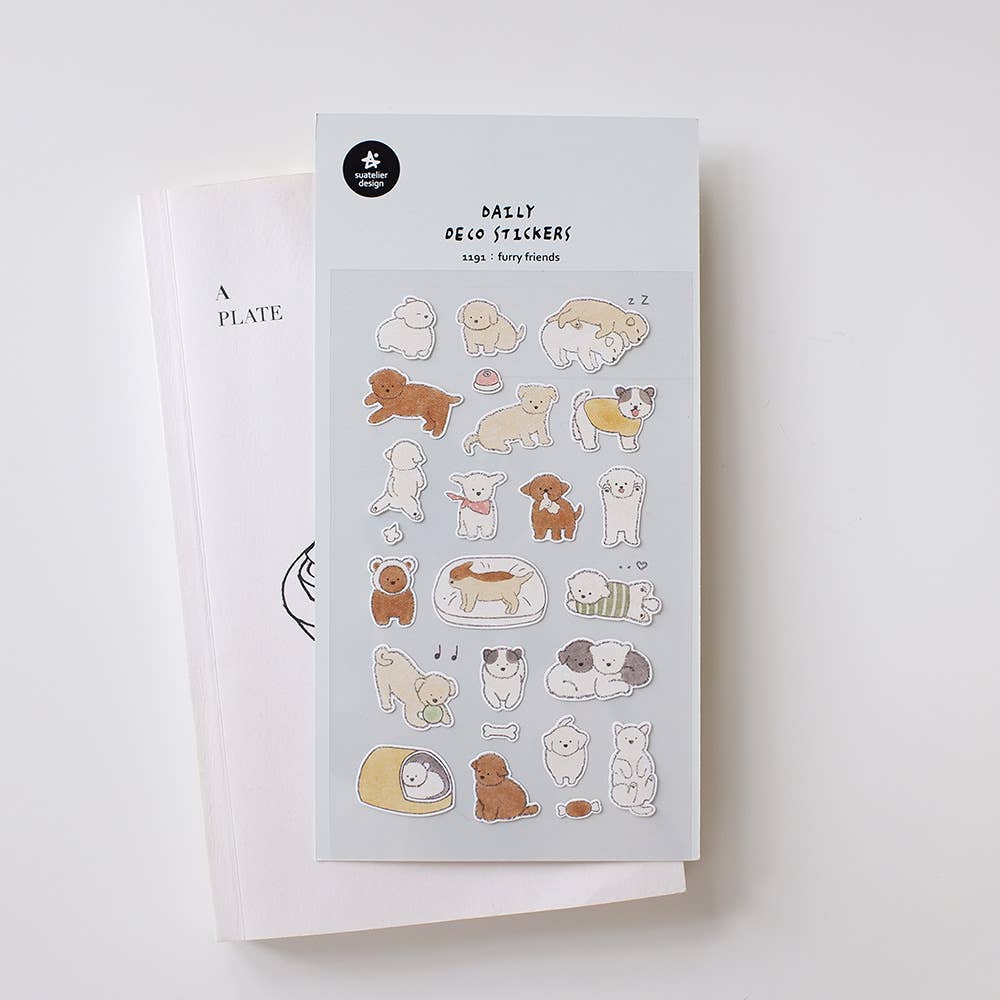 Suatelier Furry Friends dog deco sticker sheet with hand-drawn puppy illustrations including golden retriever, poodle, and dachshund, made in South Korea