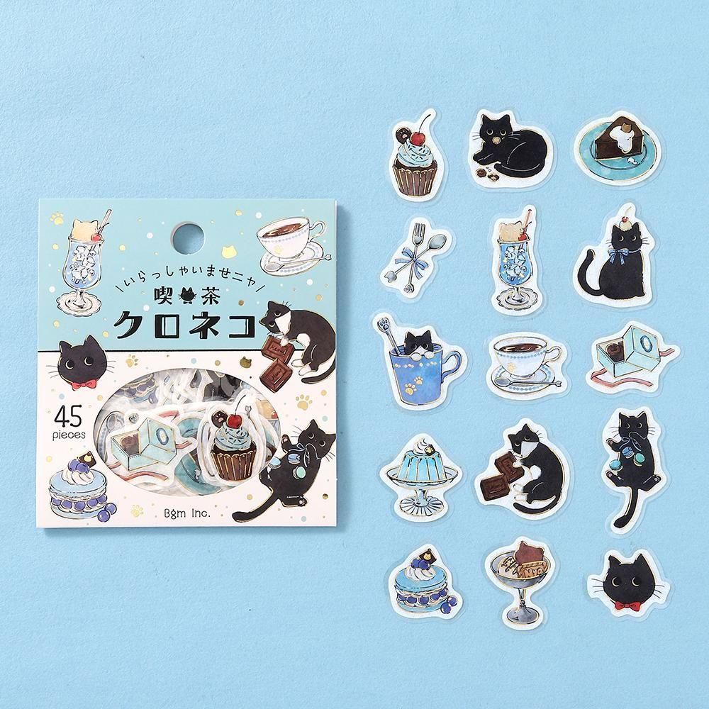 Welcome Meow Cat Cafe Flake Stickers - Black Cat