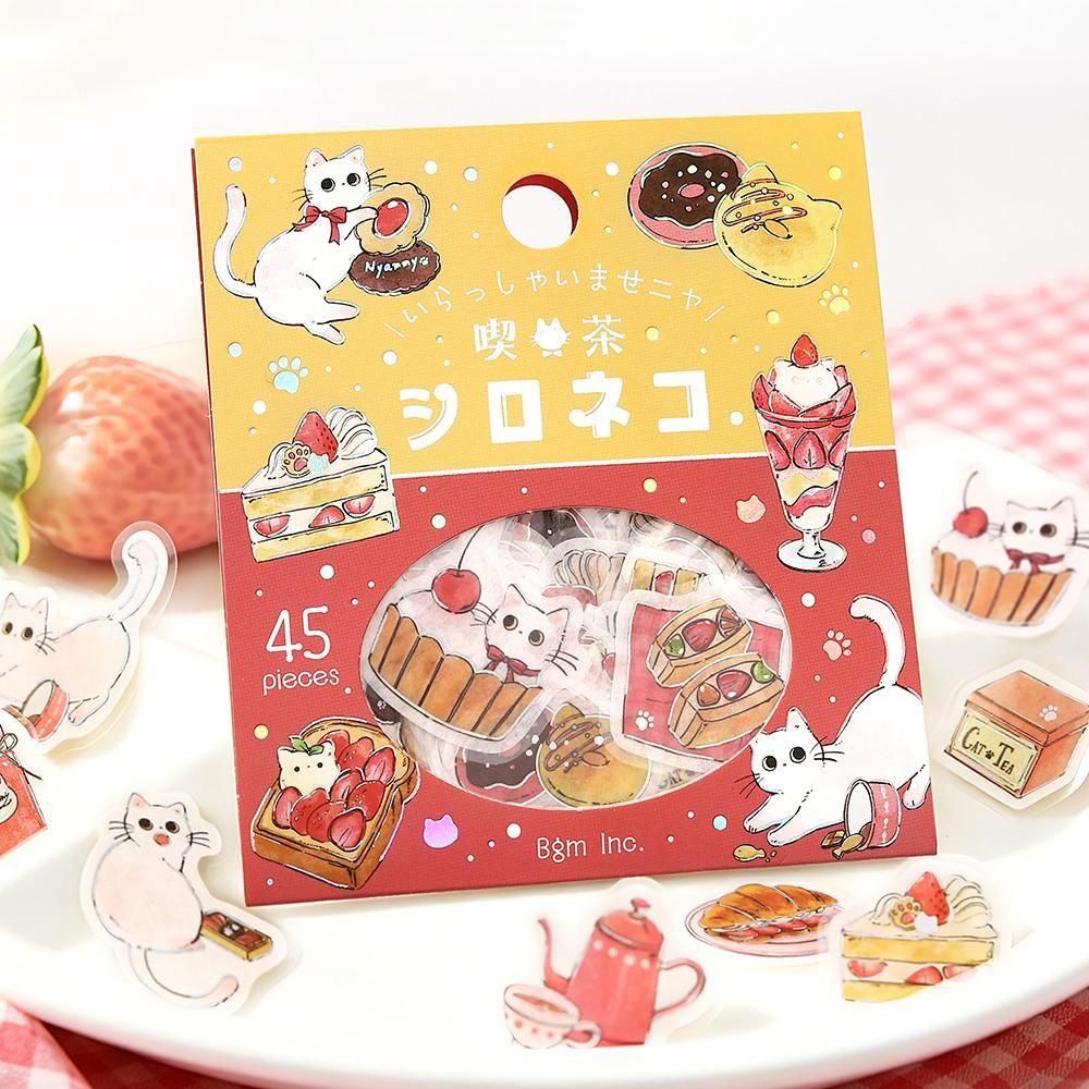 Welcome Meow Cat Cafe Flake Stickers - White Cat