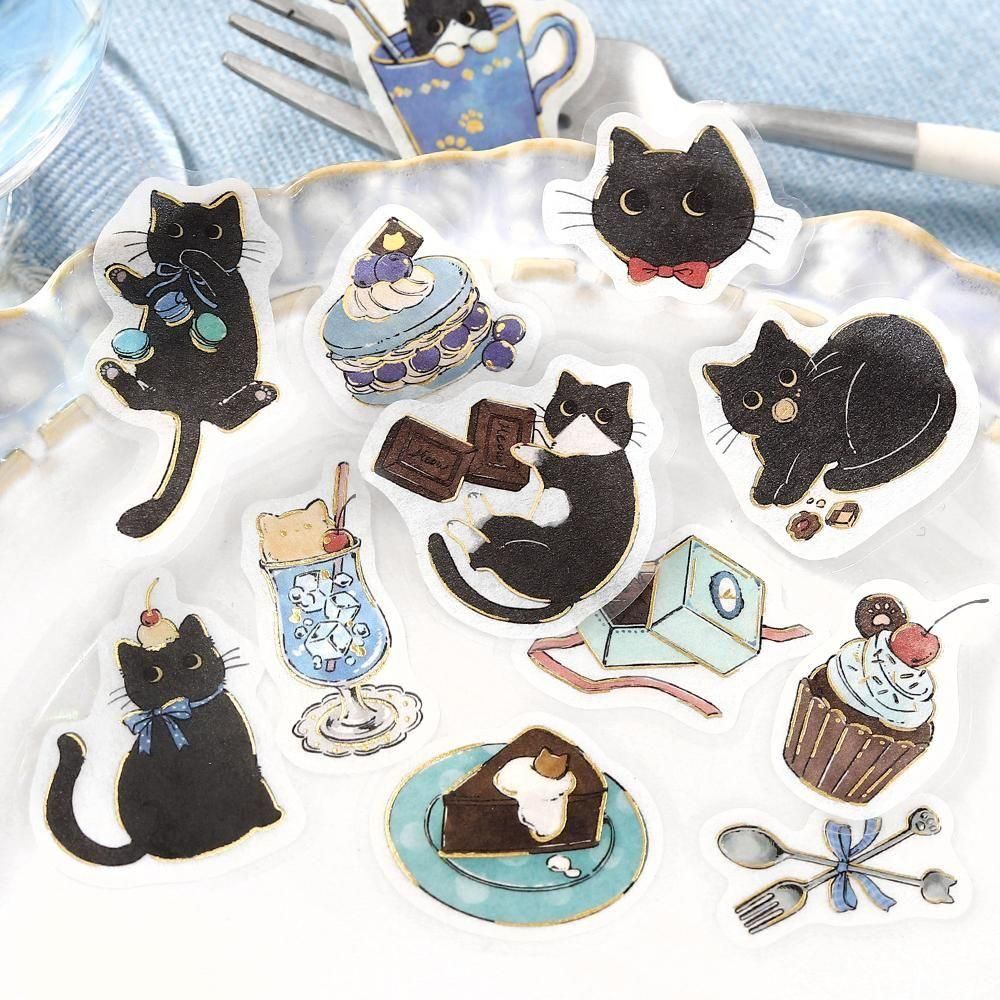 Welcome Meow Cat Cafe Flake Stickers - Black Cat