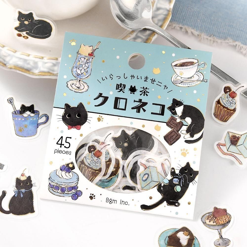 Welcome Meow Cat Cafe Flake Stickers - Black Cat