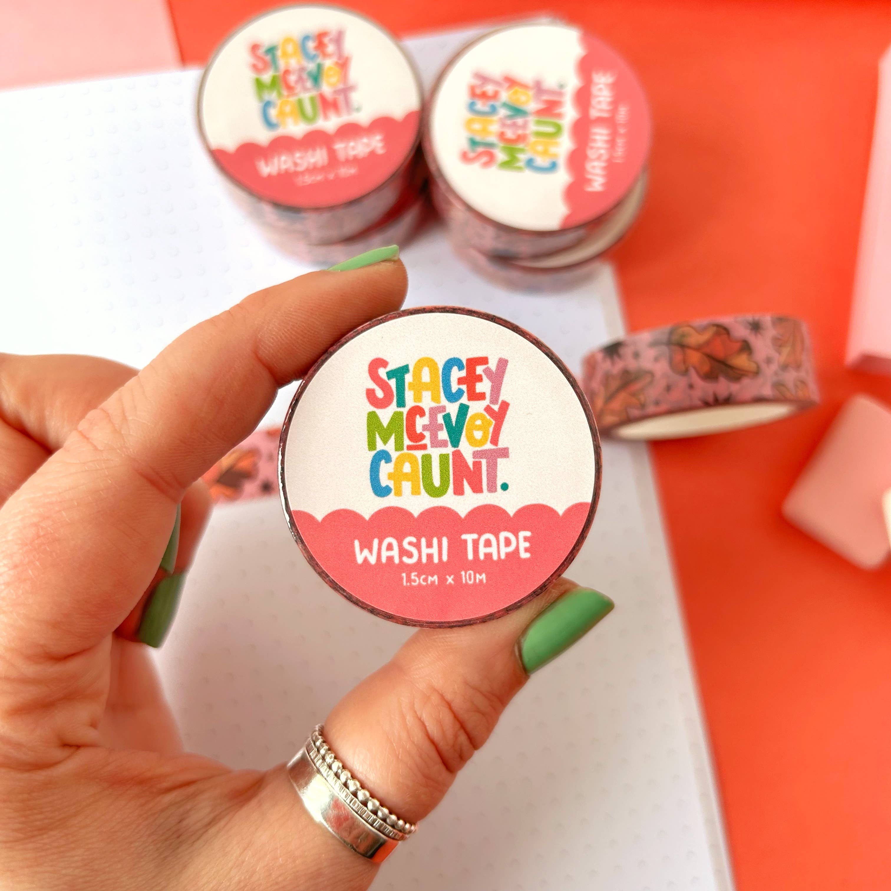 Autumn Leaves washi tape by Stacey McEvoy Caunt | orange oak leaves on pink | Papertail Fox