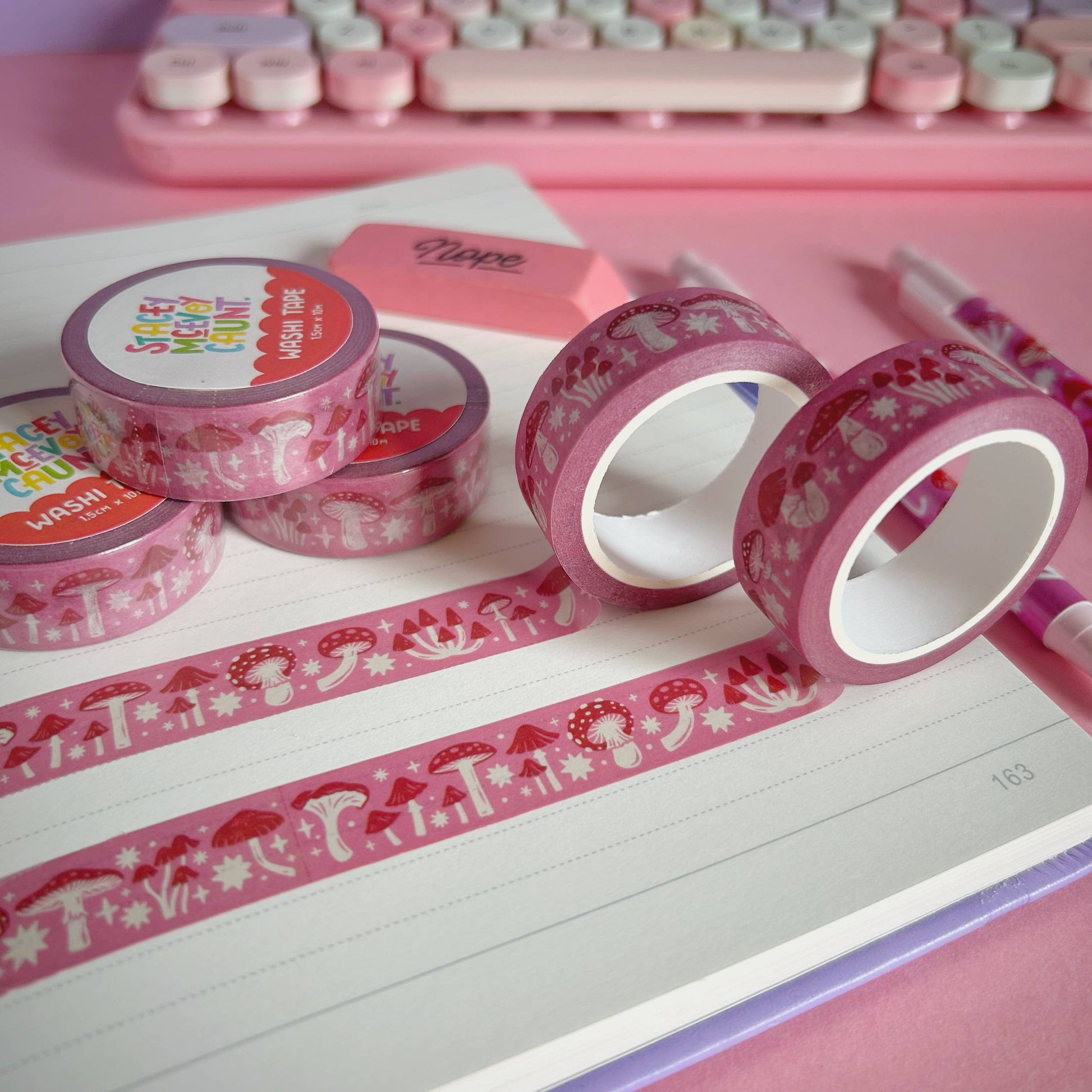 Pink and Red Mushroom washi tape by Stacey McEvoy Caunt | pink and red mushroom pattern | Papertail Fox