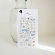 Suatelier Aqua Aqua ocean deco sticker sheet with illustrated dolphins, sharks, fish, jellyfish, shells, and starfish, made in South Korea