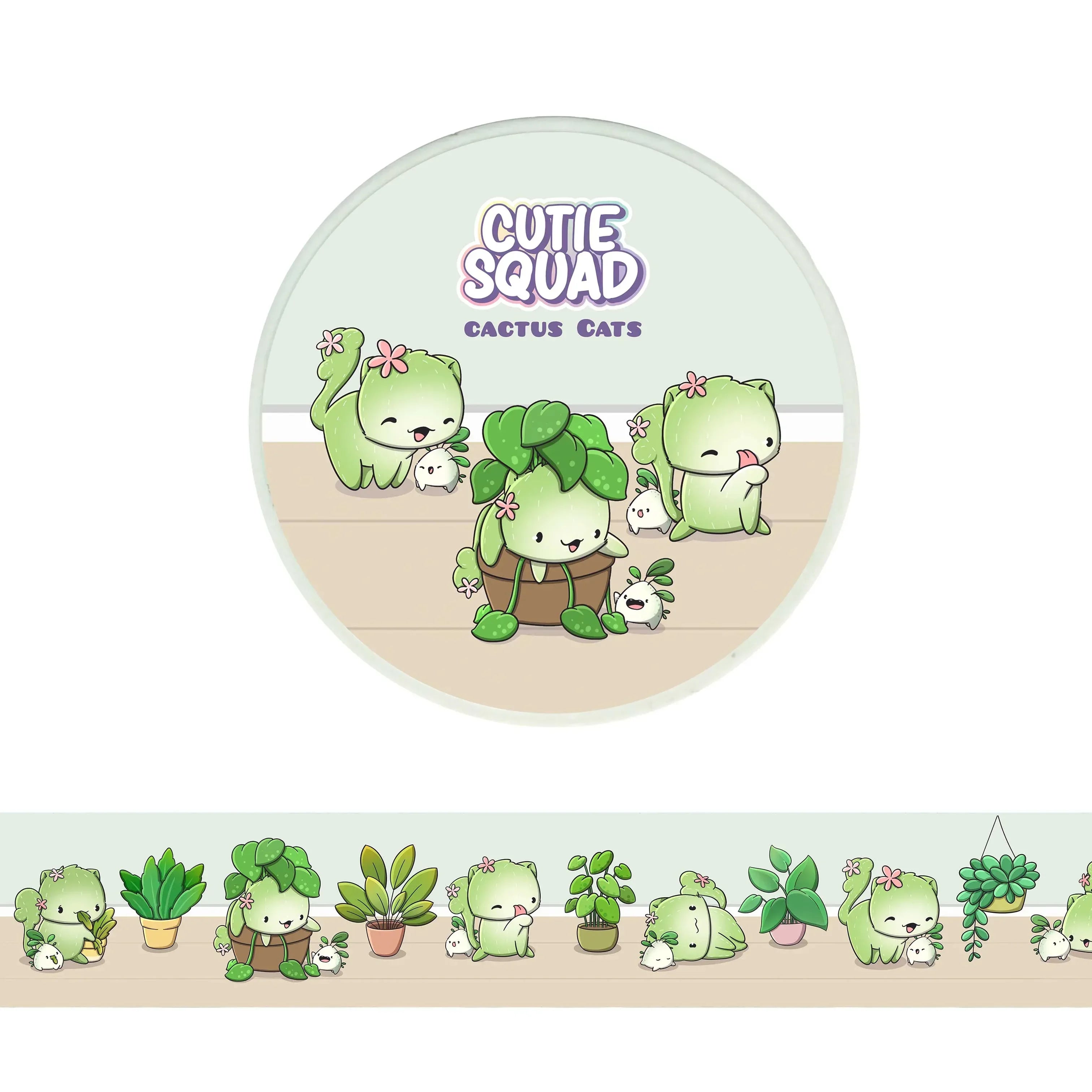 CutieSquad Cactus Cats washi tape featuring Lily and Ruu cactus cat characters in a repeating pattern