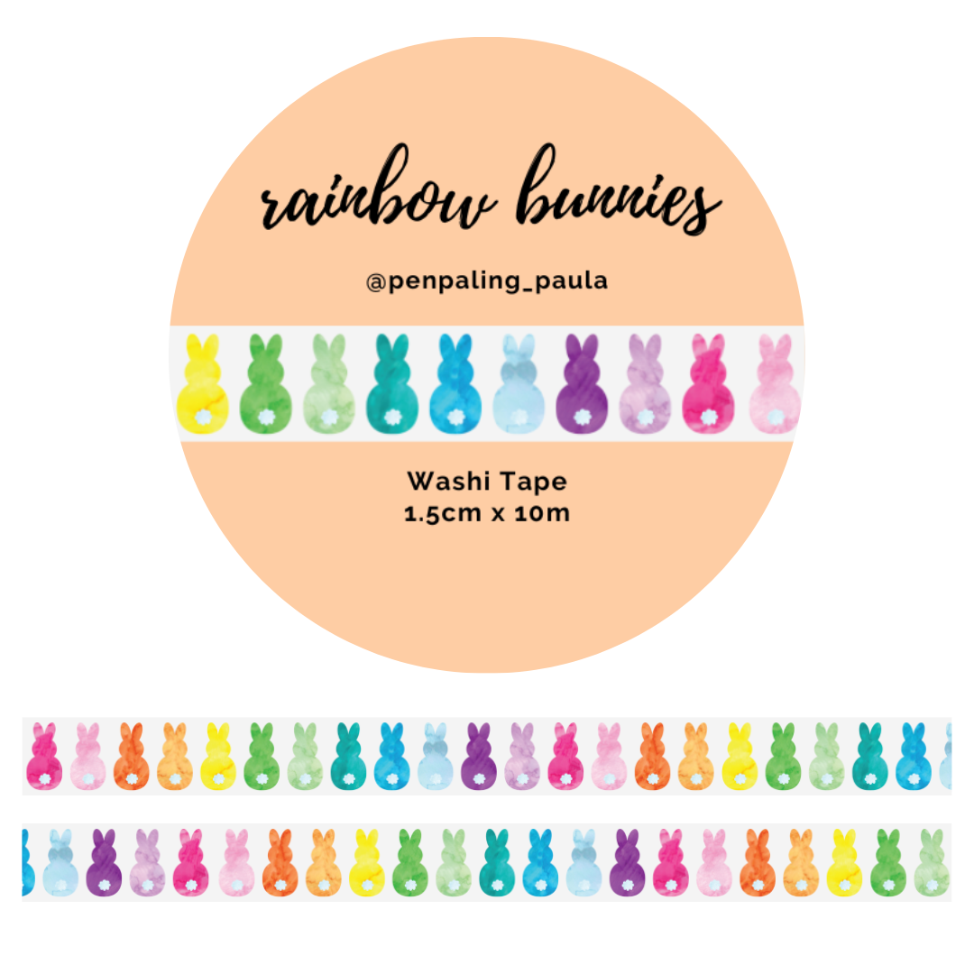 Rainbow gradient bunny rabbit silhouettes with white tails washi tape. 1.5cm wide colorful animal masking tape by @penpaling_paula for Easter or spring
