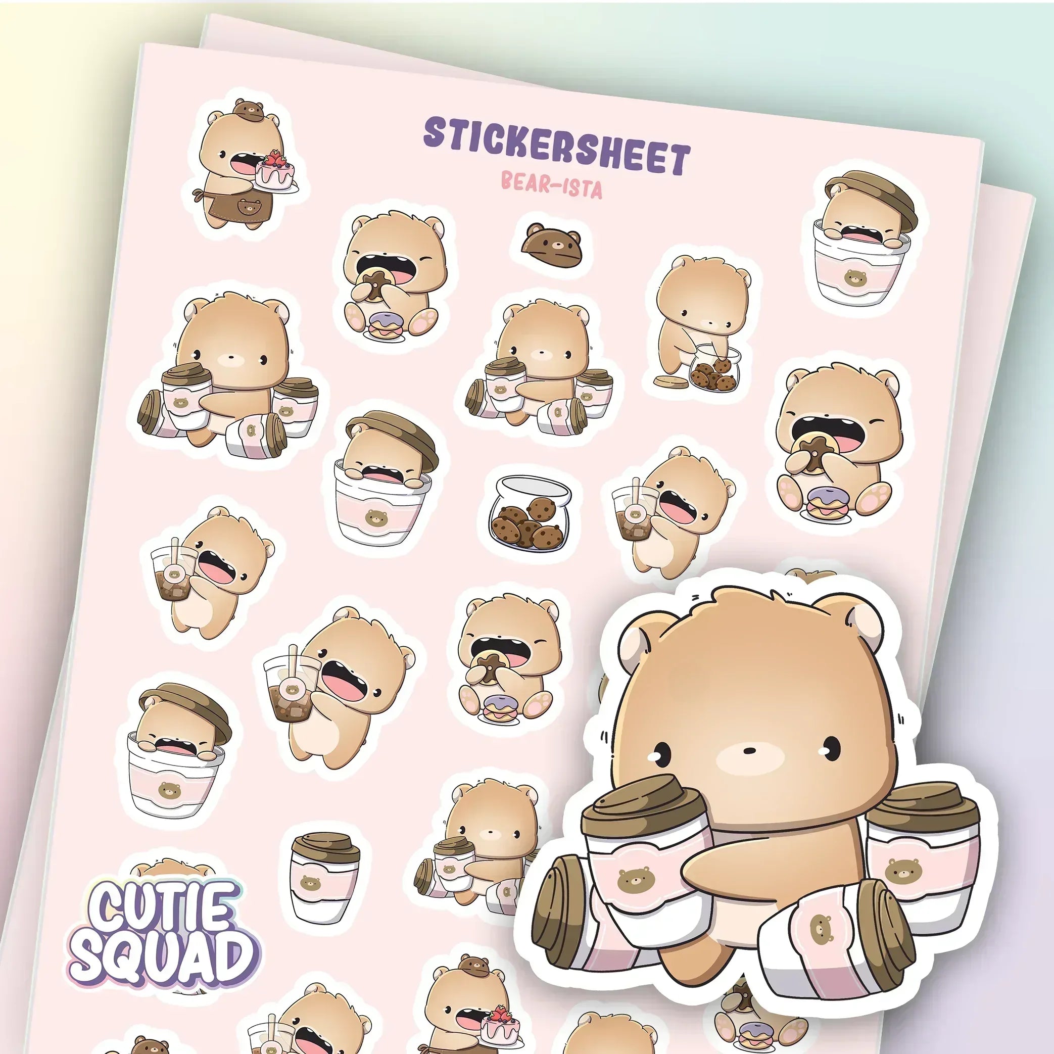 CutieSquad Bear-ista matte vinyl sticker sheet featuring bears as baristas with coffee drinks and cafe items
