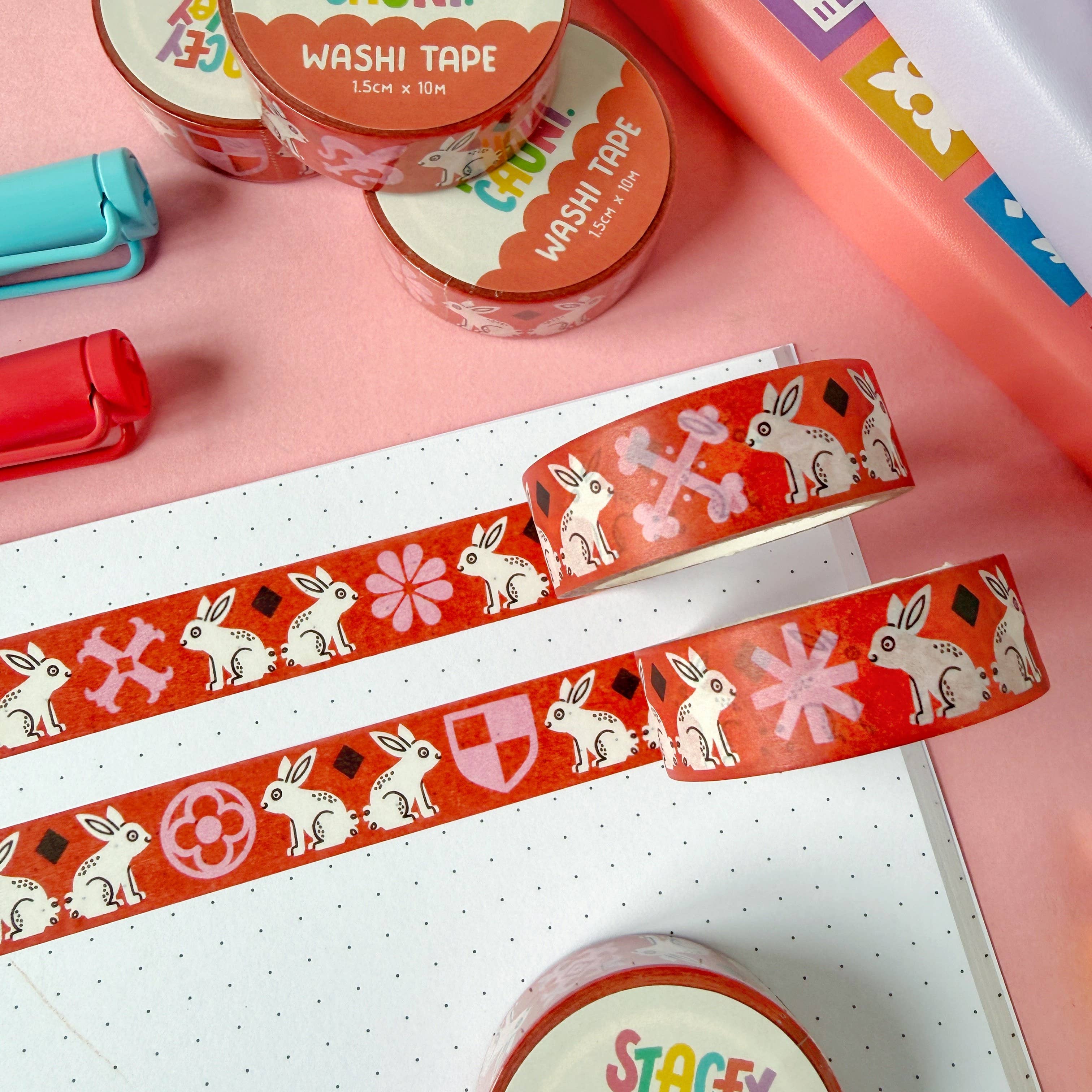 Red Medieval Bunny washi tape by Stacey McEvoy Caunt | red medieval bunny pattern | Papertail Fox
