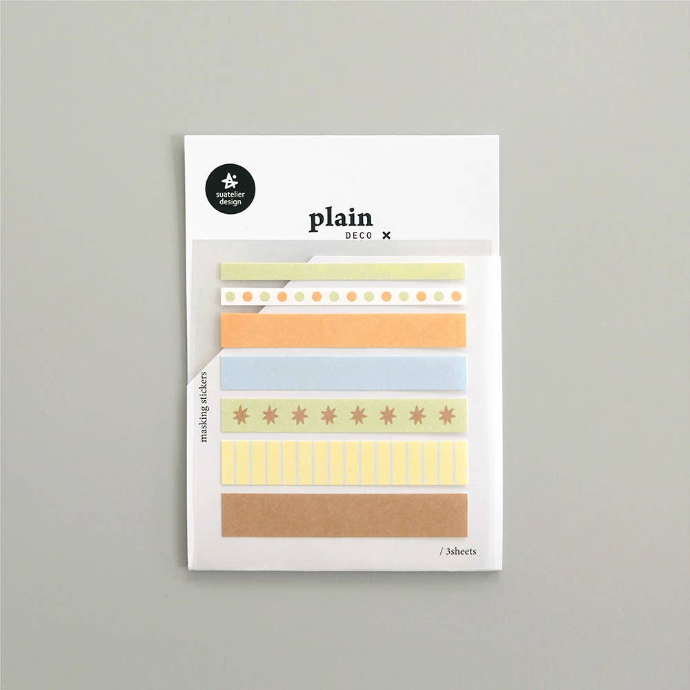 Suatelier Plain.79 warm tone pattern washi sticker strips with stars, dots, and stripes in lime, orange, blue, yellow, and kraft brown, 3 sheets, made in South Korea