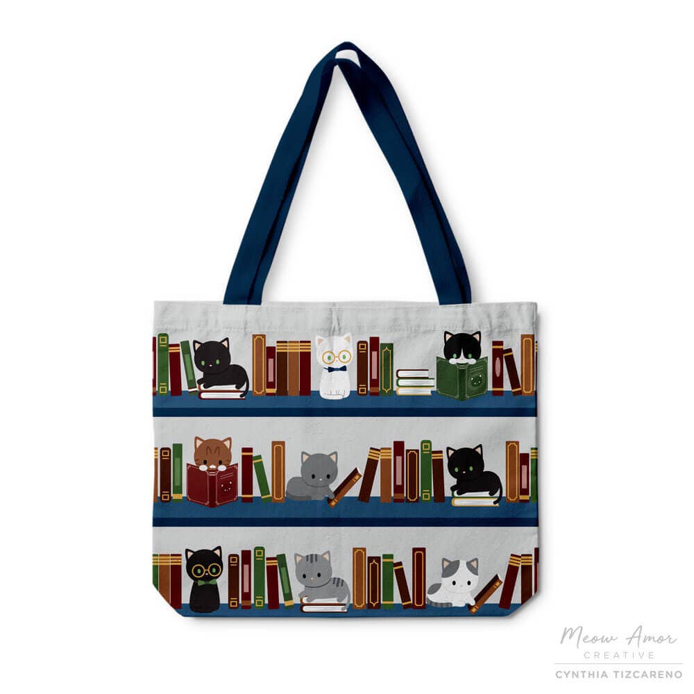 Book Cats Zipper Canvas Tote Bag by Meow Amor Creative | Papertail Fox