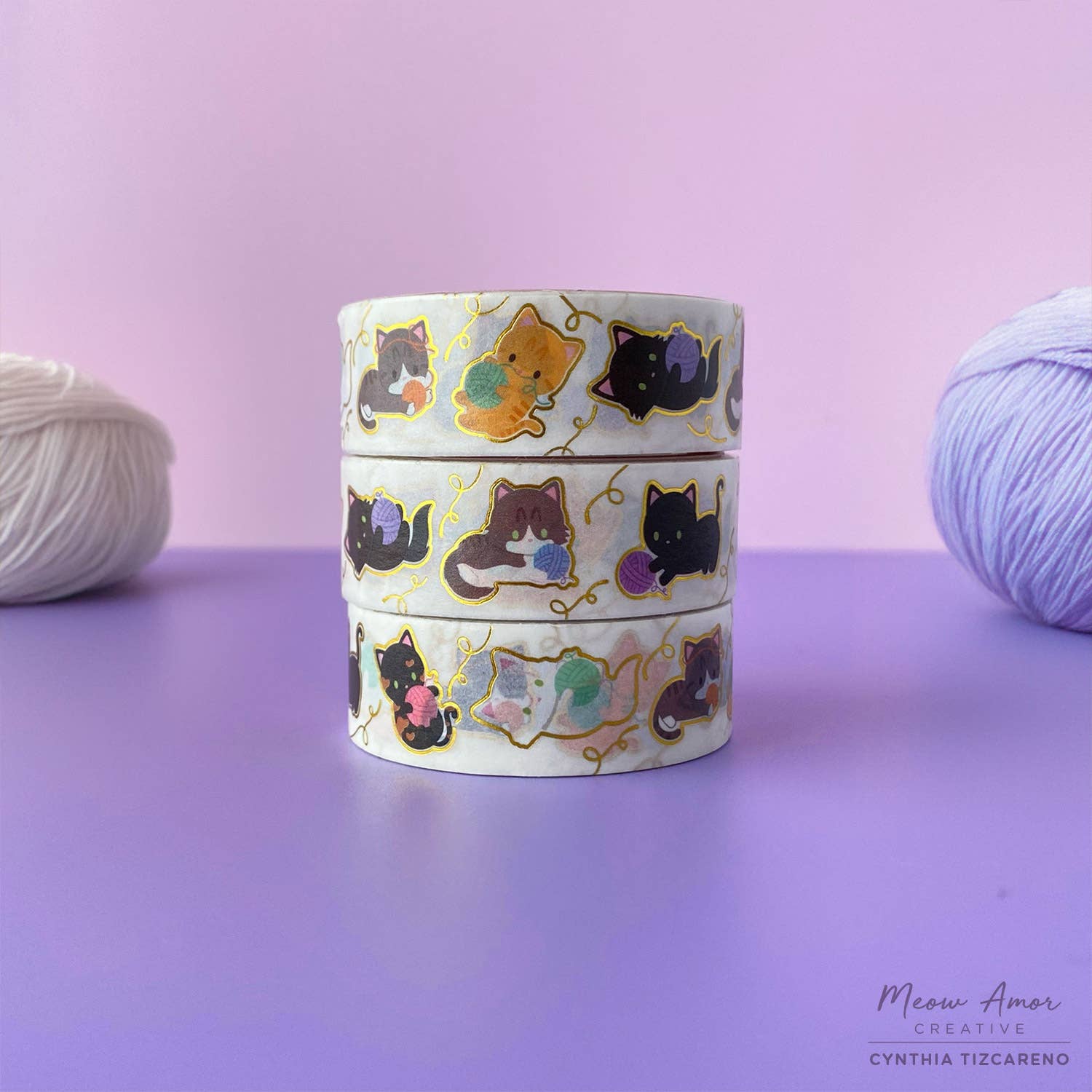 Yarn Cats Gold Foil Washi Tape by Meow Amor Creative | Papertail Fox