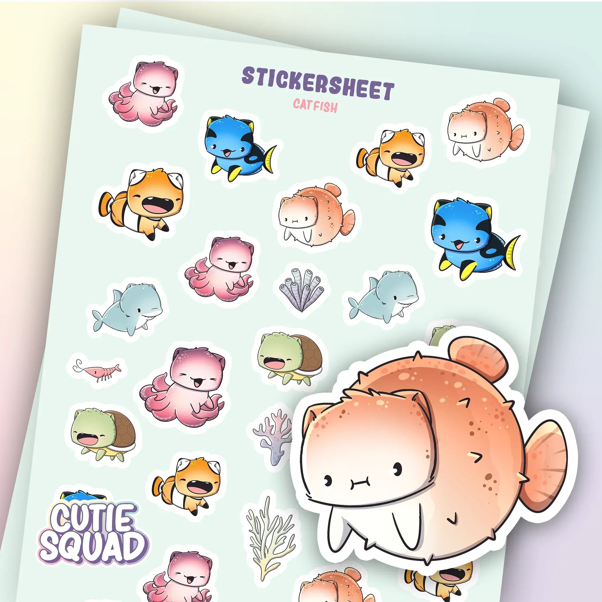 CutieSquad Catfish matte vinyl sticker sheet featuring cat-fish hybrid character illustrations