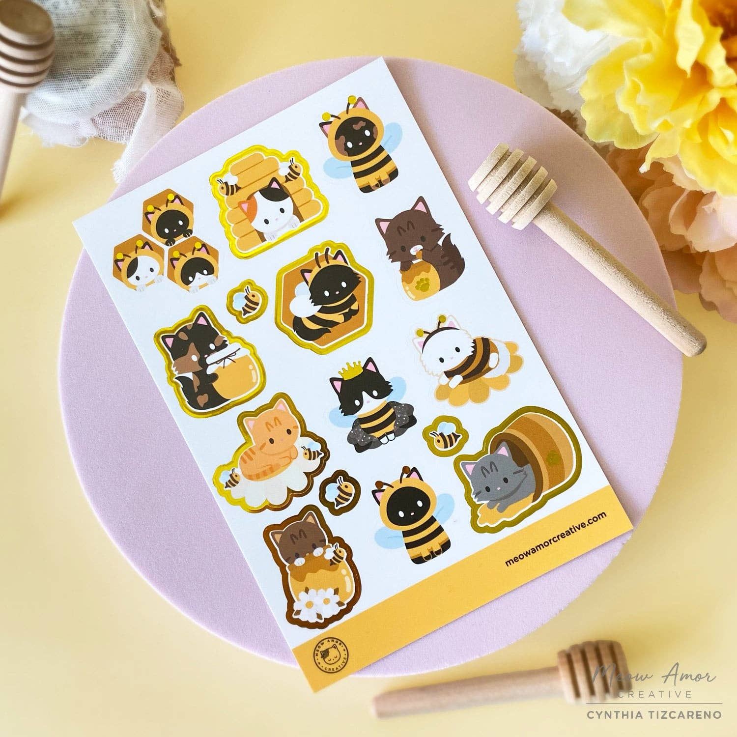 Bee Cats Gold Foil Vinyl Sticker Sheet by Meow Amor Creative | Papertail Fox