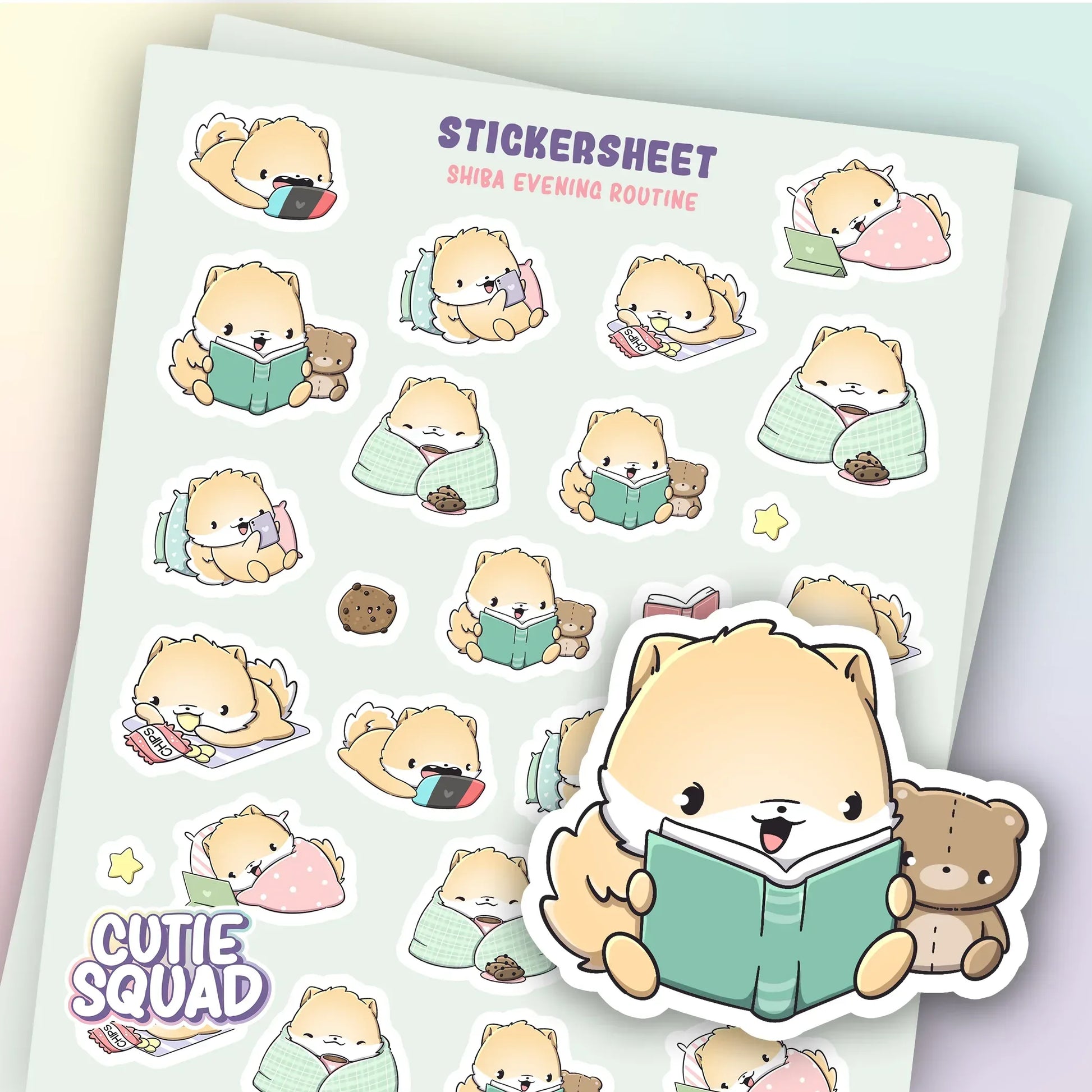 CutieSquad Shiba Evening Routines matte vinyl sticker sheet featuring shibas brushing teeth reading and resting