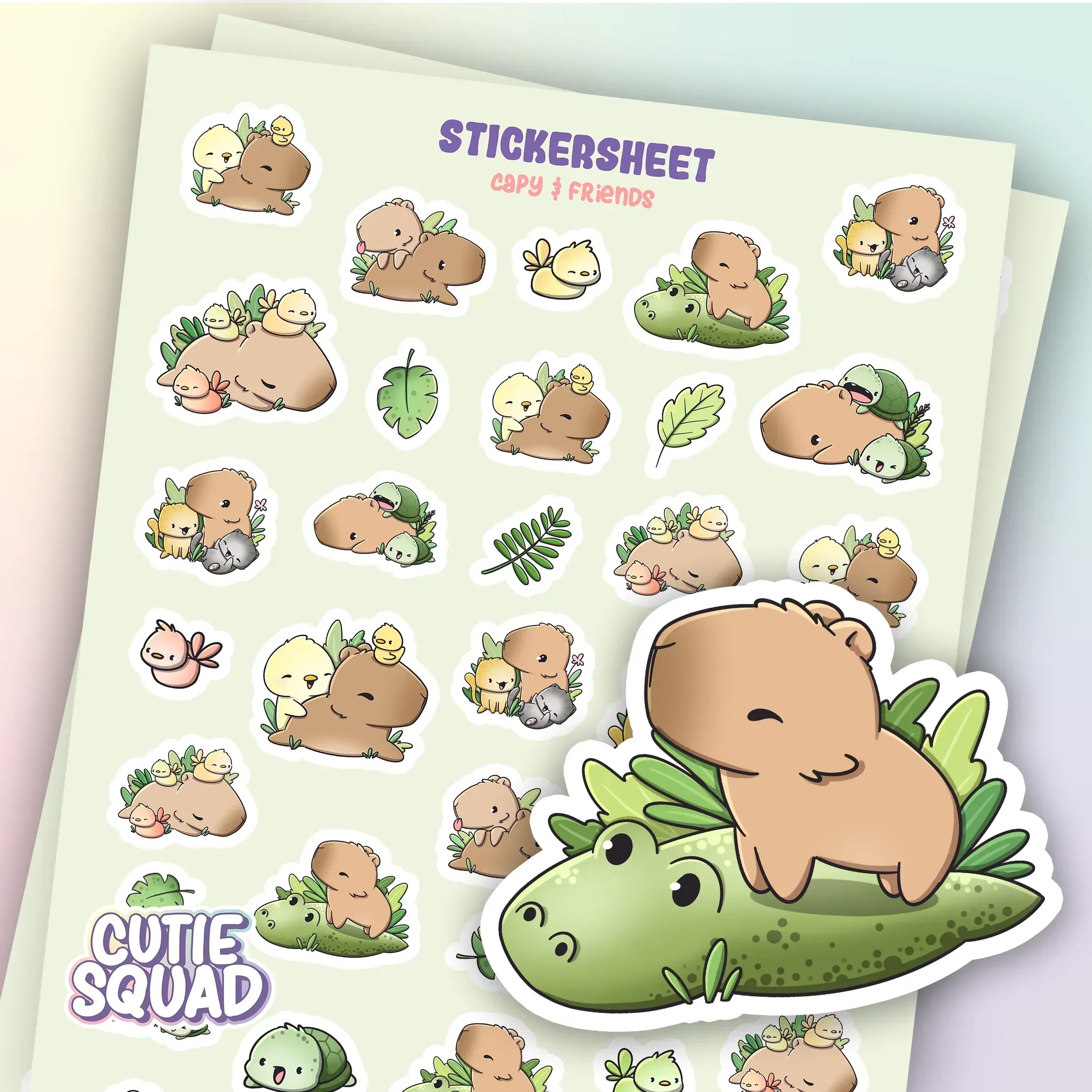 CutieSquad Capy and Friends Pt 2 matte vinyl sticker sheet featuring capybaras with new small animal companions
