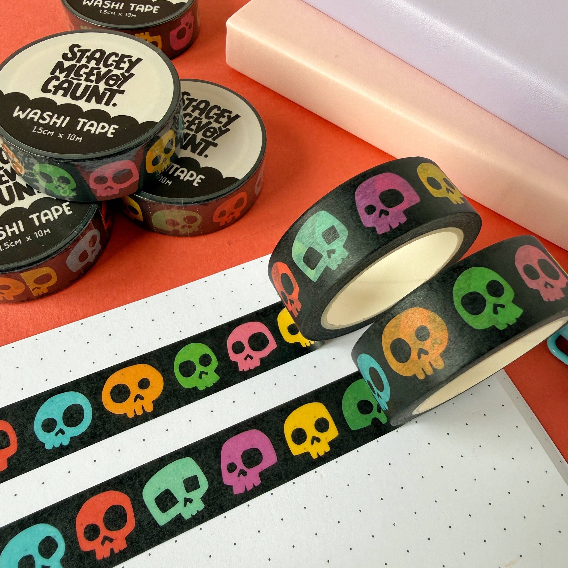 Rainbow Skulls washi tape by Stacey McEvoy Caunt | rainbow-colored skull pattern | Papertail Fox