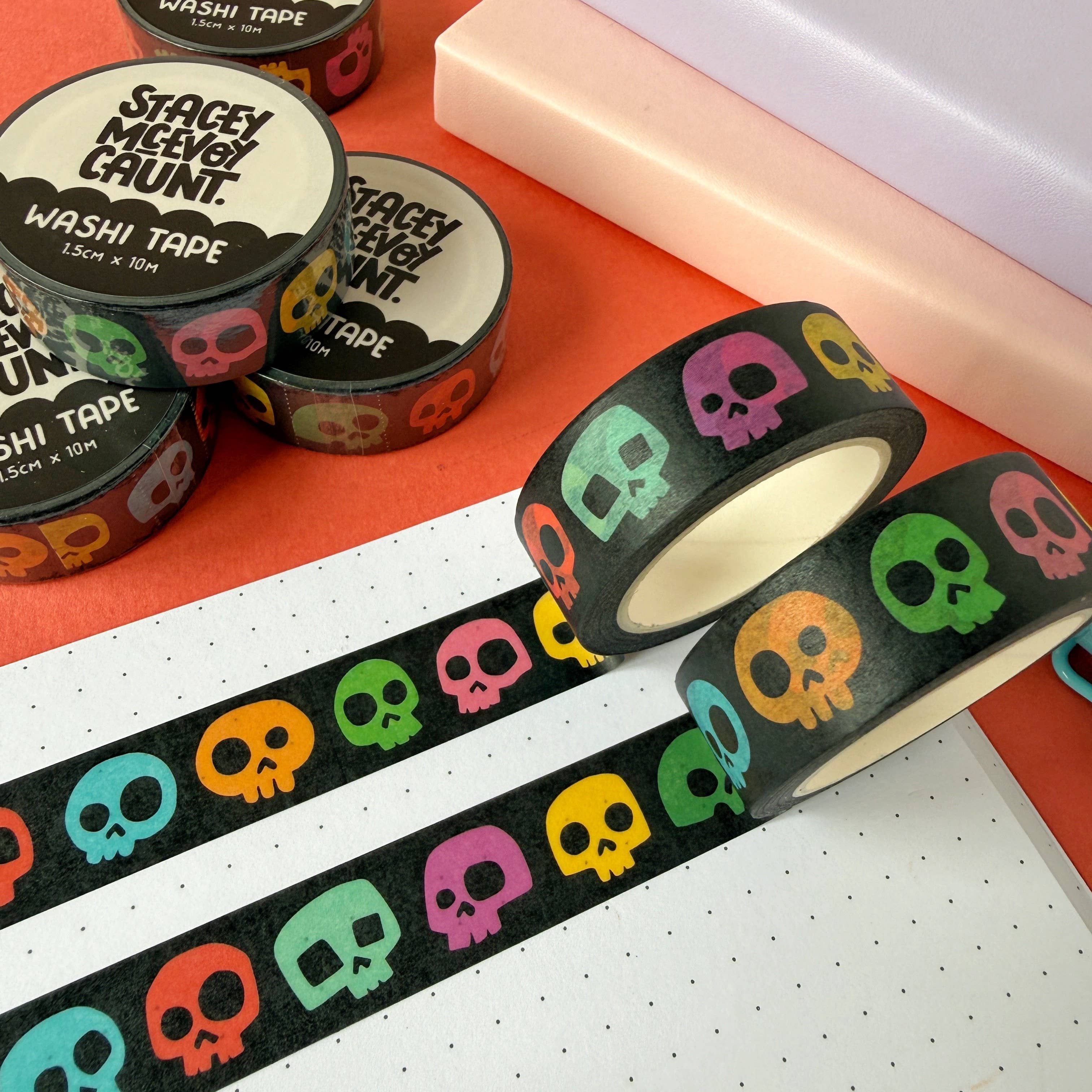 Rainbow Skulls washi tape by Stacey McEvoy Caunt | rainbow-colored skull pattern | Papertail Fox