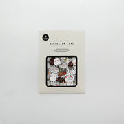 Suatelier Warm Day bunny seal sticker flakes in box showing kawaii round rabbits with flowers and plants in overlapping format, made in South Korea