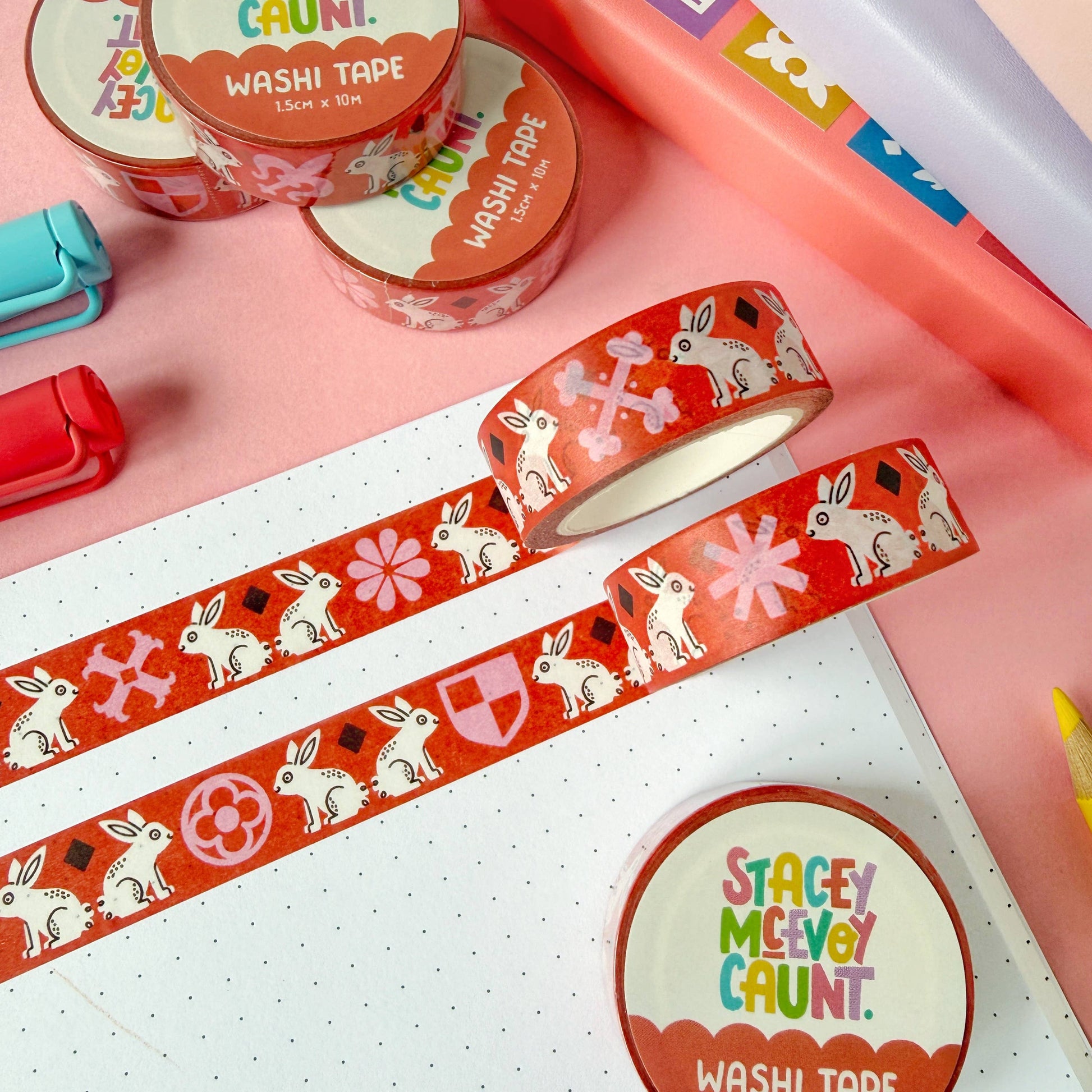 Red Medieval Bunny washi tape by Stacey McEvoy Caunt | red medieval bunny pattern | Papertail Fox