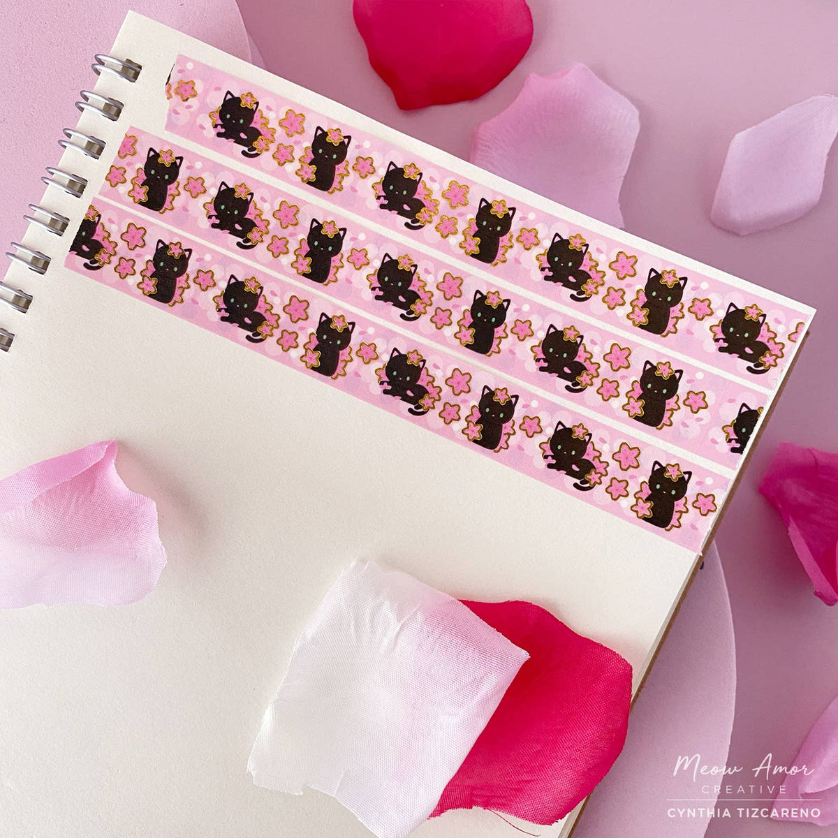 Cherry Blossom Black Cat Gold Foil Washi Tape by Meow Amor Creative | Papertail Fox