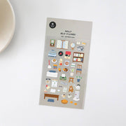 Suatelier Grandpa's Room vintage study deco sticker sheet with illustrated globe, typewriter, vinyl record, radio, bookshelf, knit sweater, reading glasses, and pie, made in South Korea