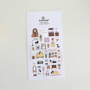Suatelier Vlog Home lifestyle deco sticker sheet with illustrated modern apartment life scenes including kitchen, couch, friends, and pets, made in South Korea