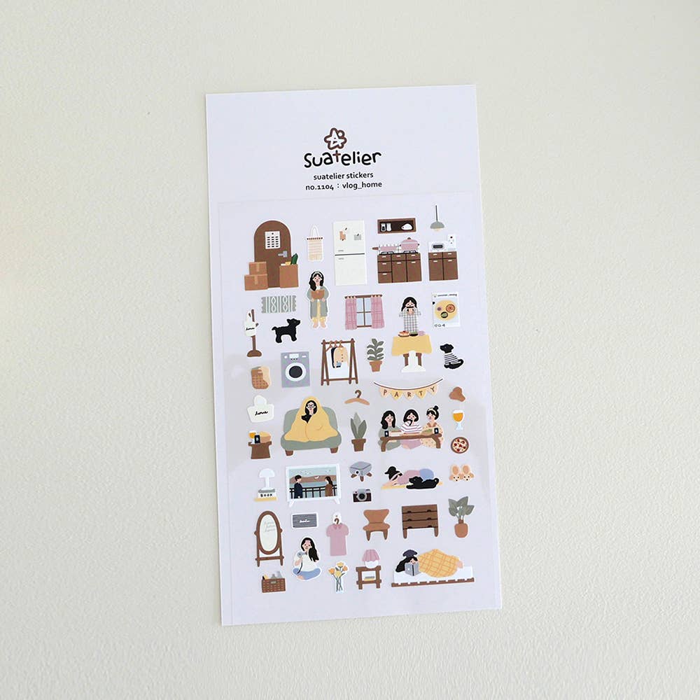 Suatelier Vlog Home lifestyle deco sticker sheet with illustrated modern apartment life scenes including kitchen, couch, friends, and pets, made in South Korea
