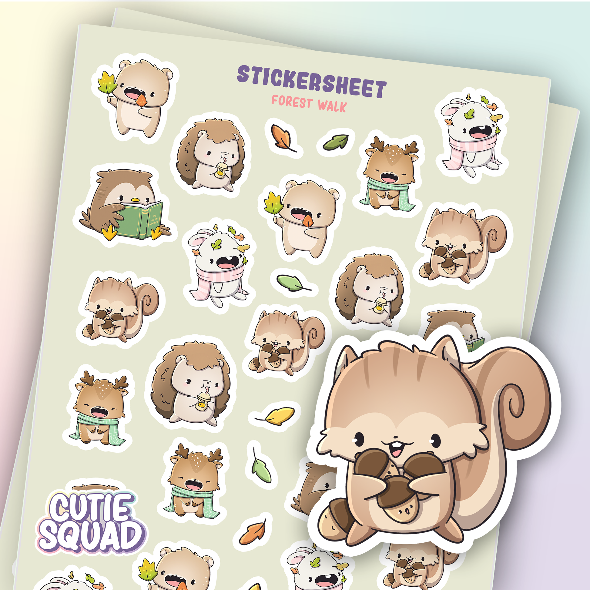 CutieSquad Forest Walk matte vinyl sticker sheet featuring woodland animals on a forest path
