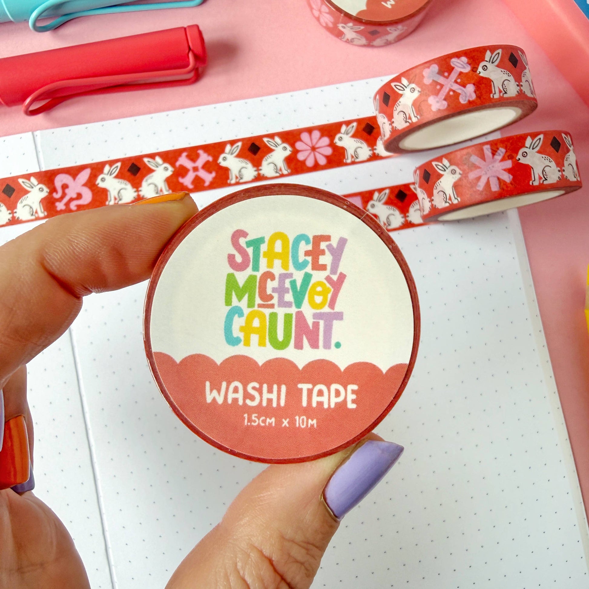Red Medieval Bunny washi tape by Stacey McEvoy Caunt | red medieval bunny pattern | Papertail Fox