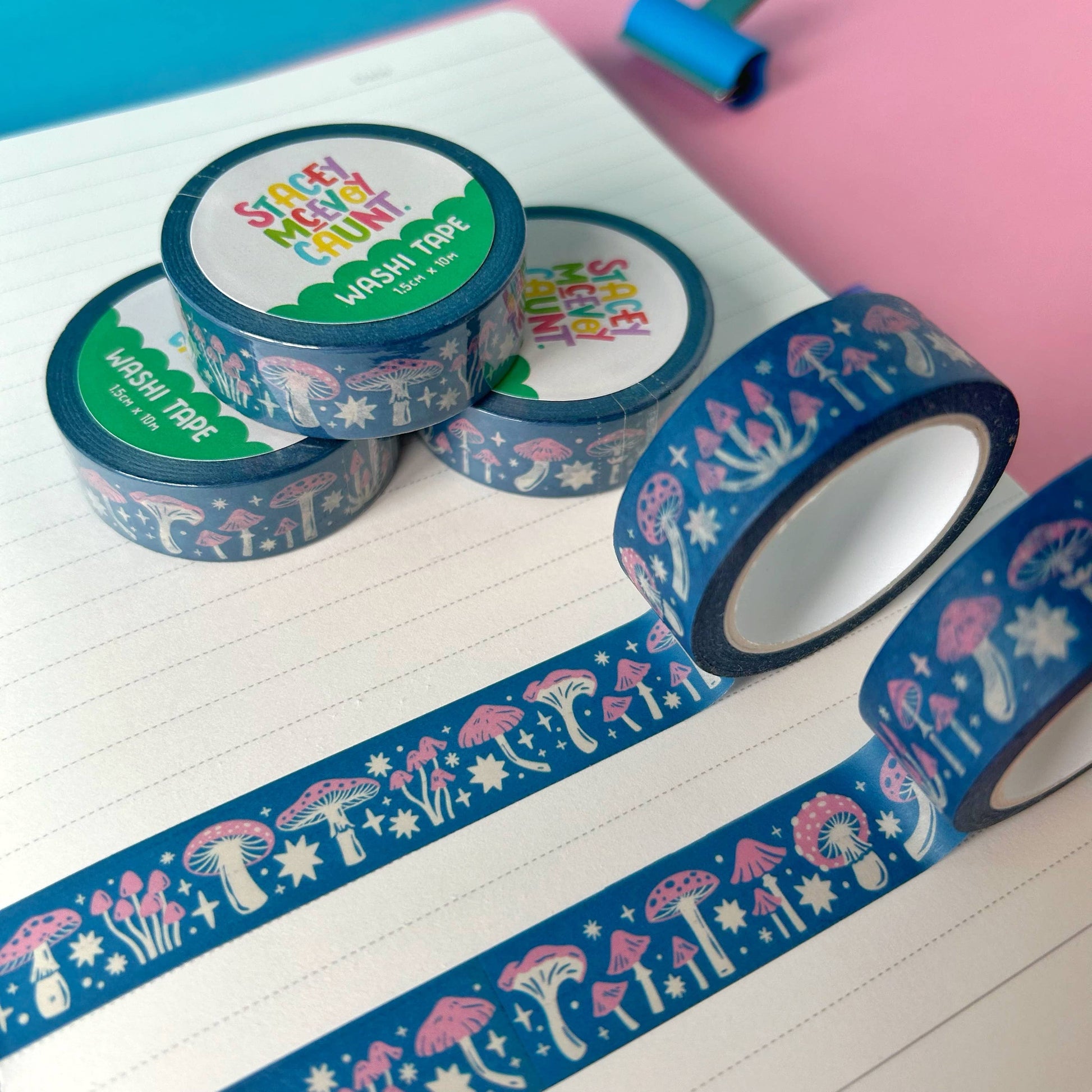 Pink and Blue Mushroom washi tape by Stacey McEvoy Caunt | pink and blue mushroom pattern | Papertail Fox