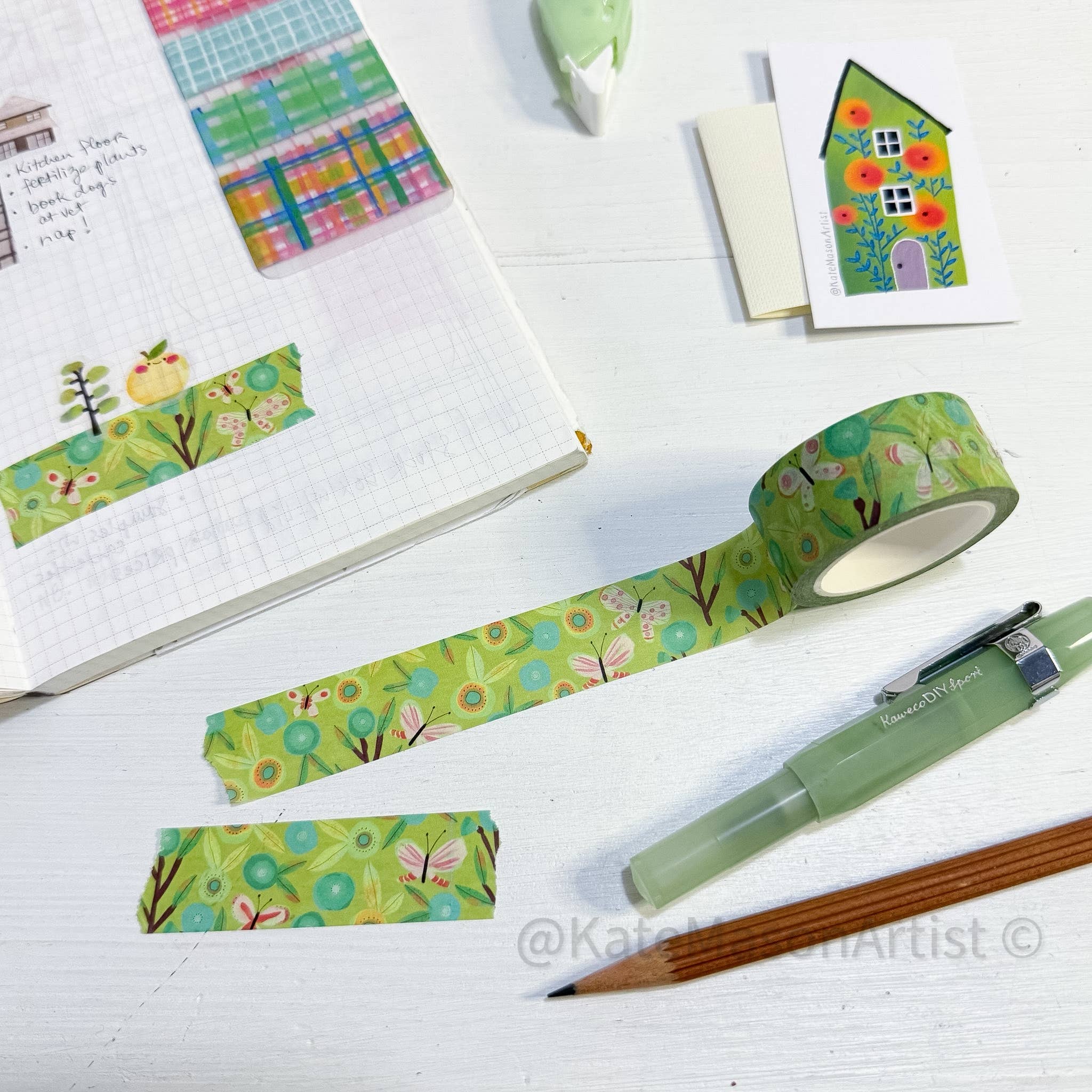 Butterfly Aqua Green Floral Washi Tape | Kate Mason Artist