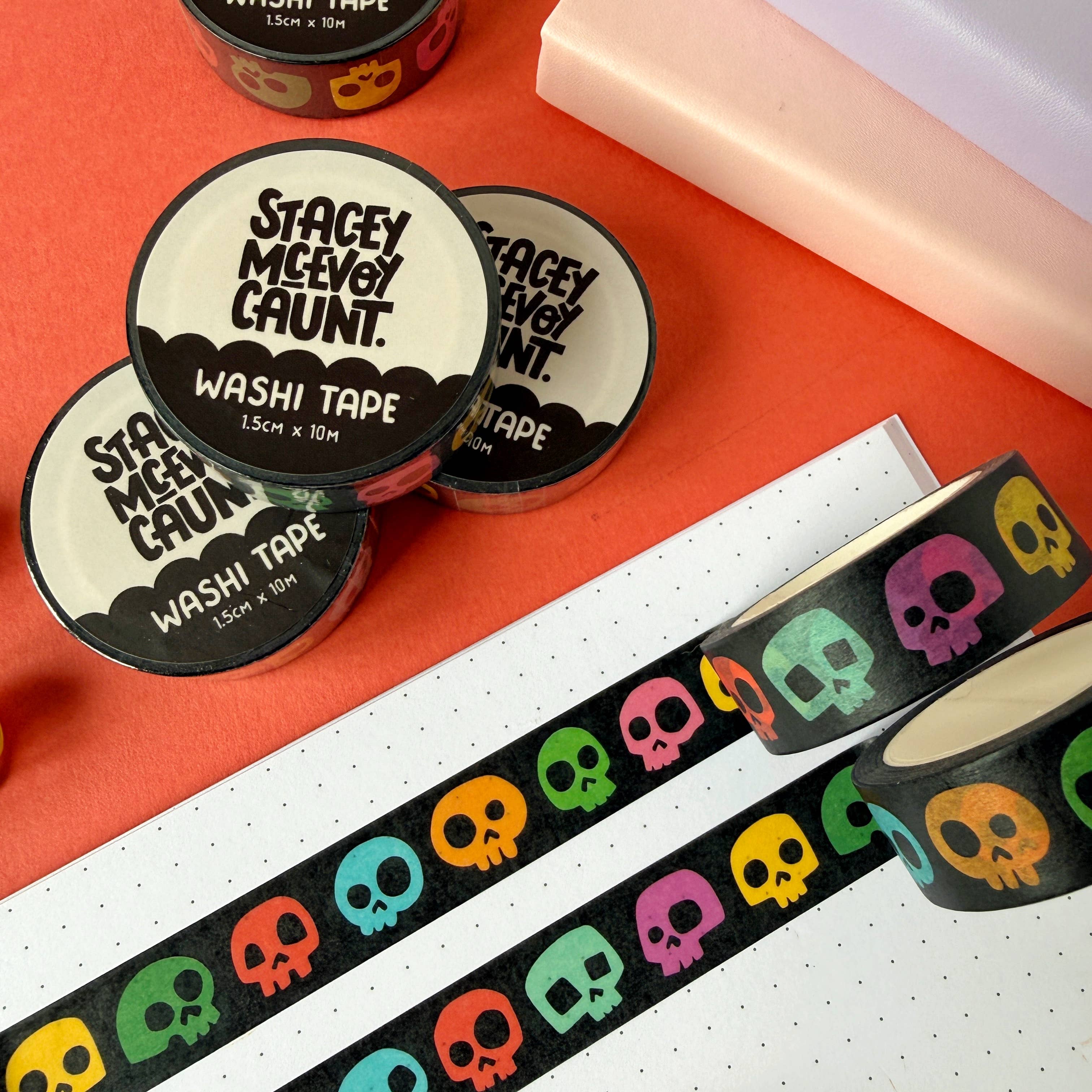 Rainbow Skulls washi tape by Stacey McEvoy Caunt | rainbow-colored skull pattern | Papertail Fox