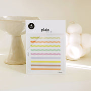 Suatelier Plain.78 rainbow wavy washi sticker strips in green, orange, pink, lavender, yellow, and brown, 3 sheets, made in South Korea