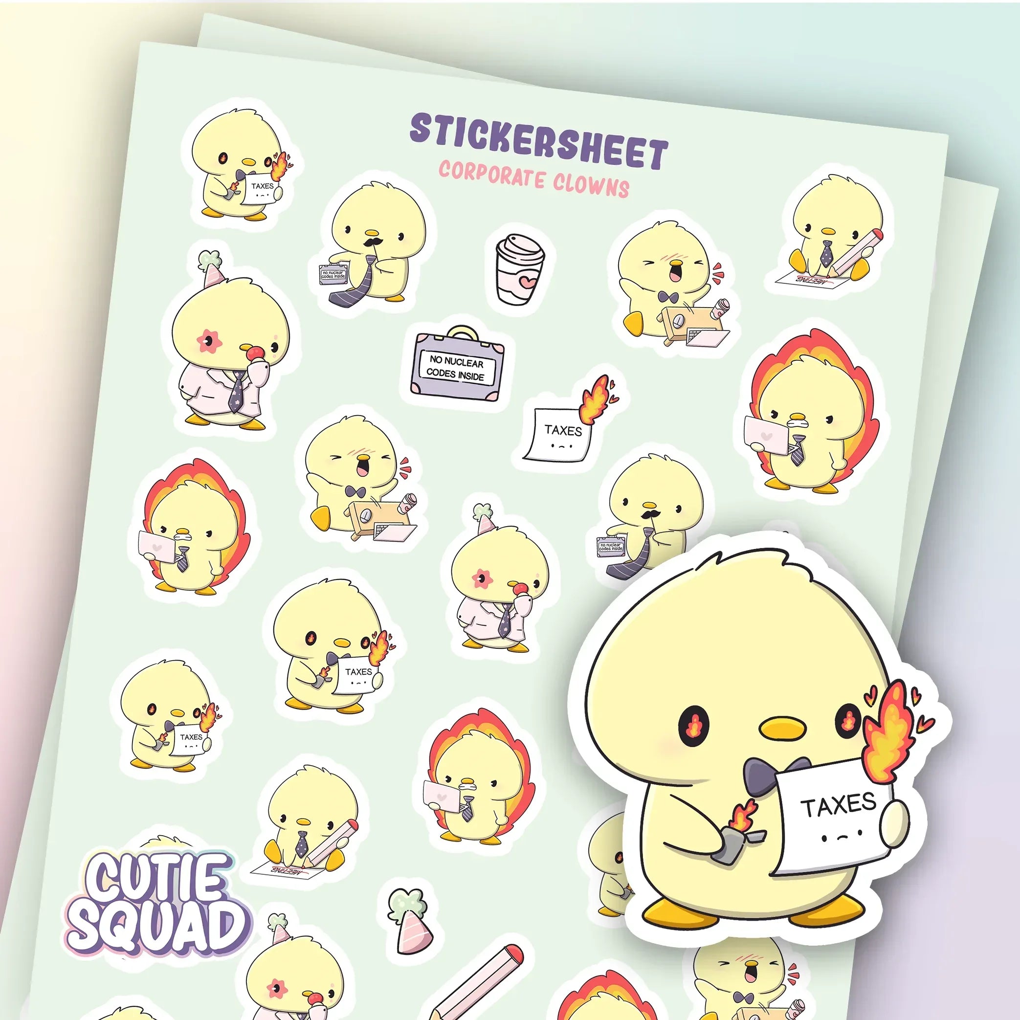 CutieSquad Corporate Clowns matte vinyl sticker sheet featuring clowns in business attire and office settings