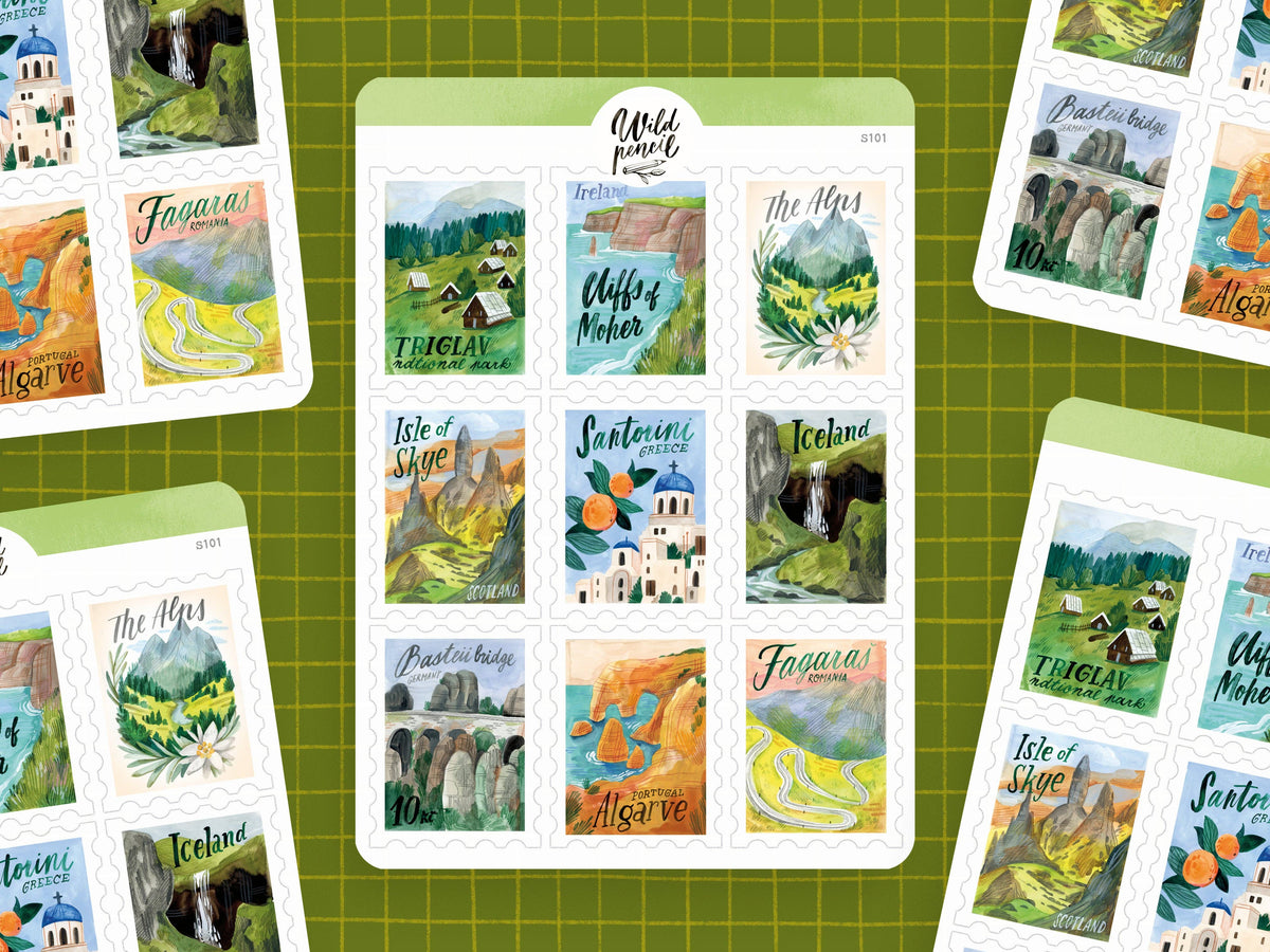 Travel Stamps Sticker Sheet by Wild Pencil Studio | Papertail Fox