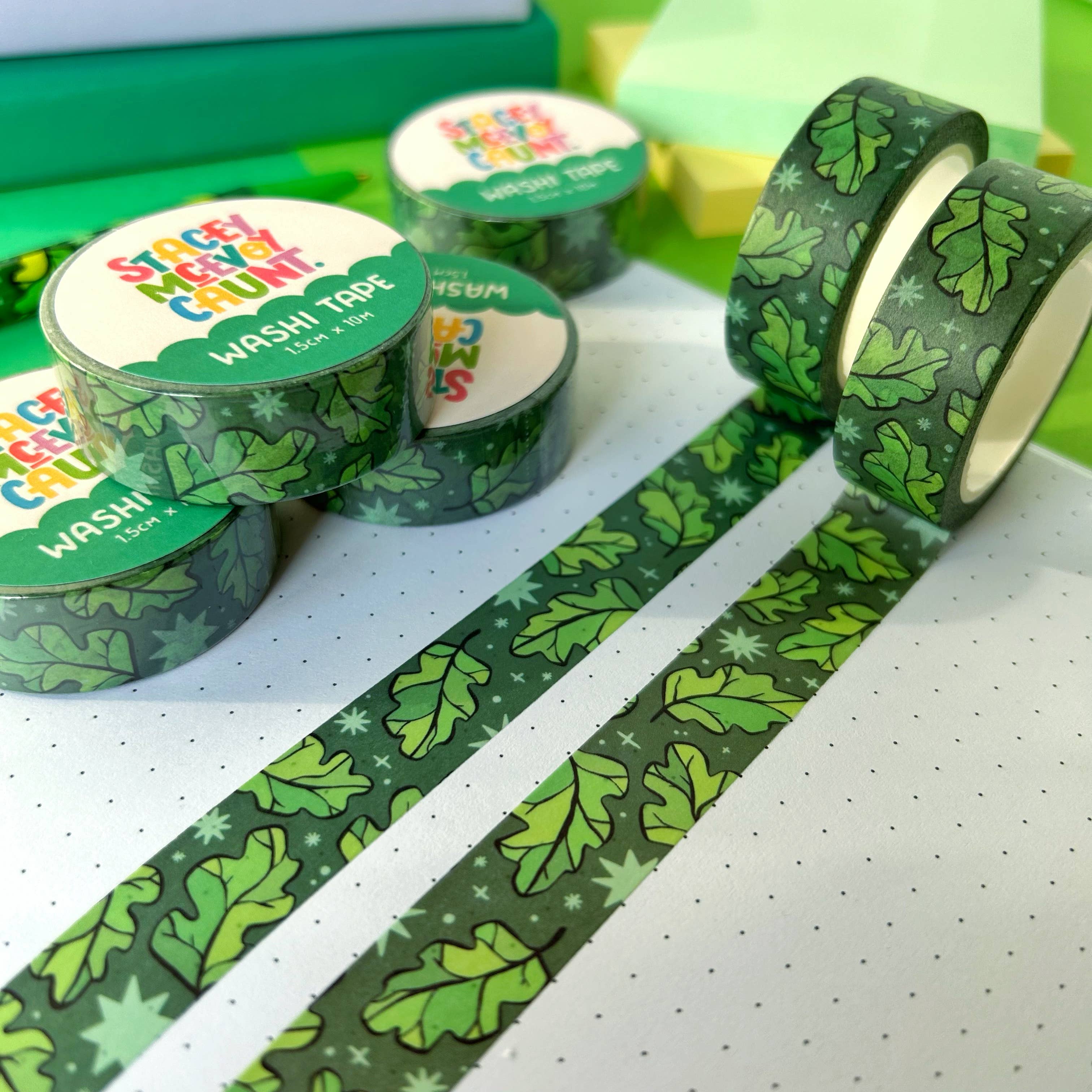 Oak Leaves washi tape by Stacey McEvoy Caunt | green oak leaf repeat pattern | Papertail Fox